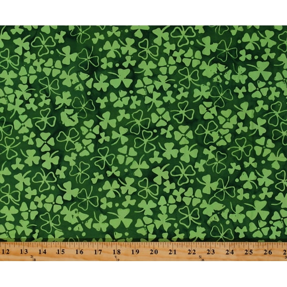Cotton Batik Shamrocks Saint Patricks Day Lucky Clovers Green Four-Leaf Clovers on Green Cotton Fabric Print by the Yard (19303506679-7)