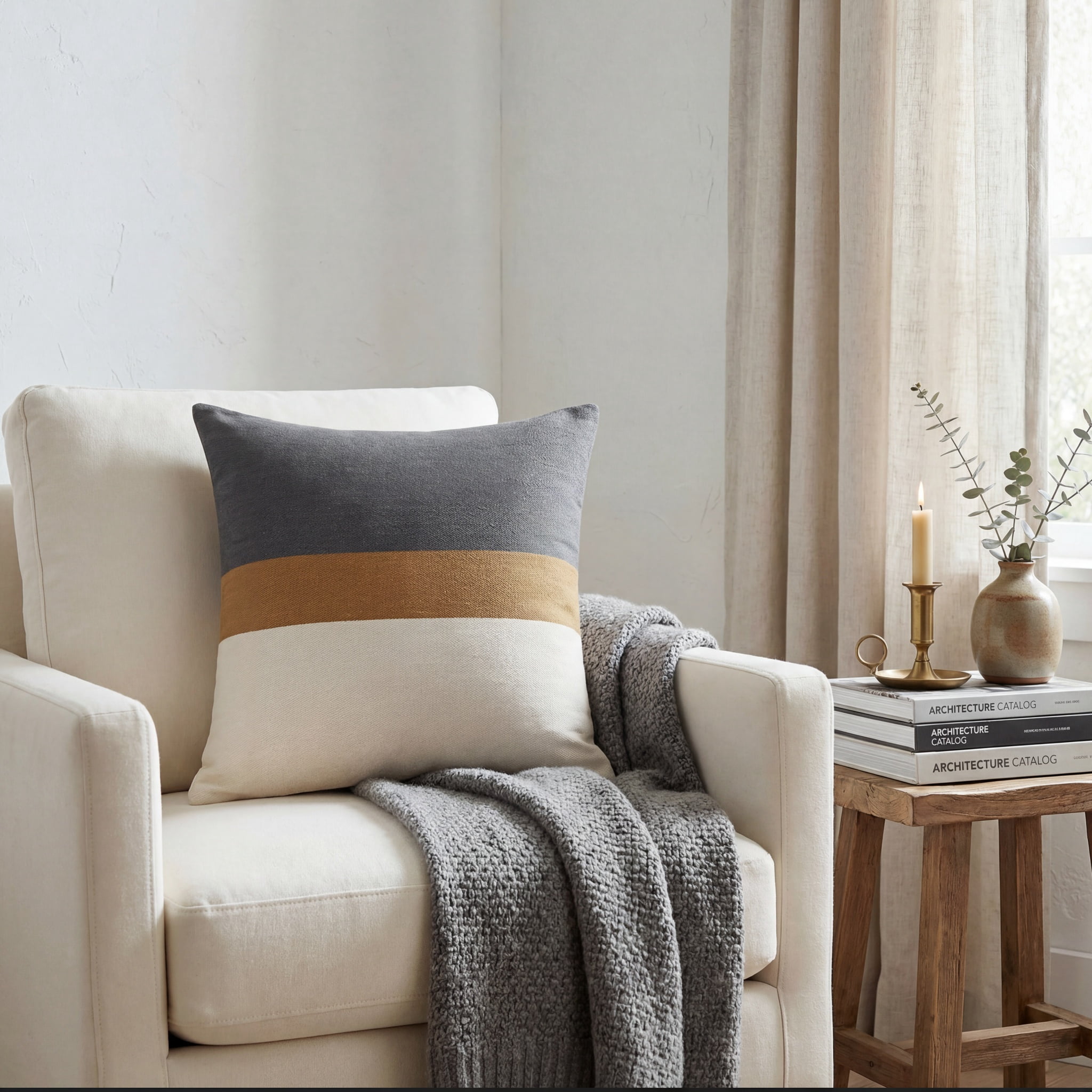 Ox Bay Xander 20" x 20" Gray/Ivory Striped Cotton Reversible Adult Decorative Throw Pillow