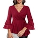 thumbnail image 1 of Ounisa Womens Ruffle 3/4 Sleeve V Neck Double Layers Mesh Blouses Loose Fit Flowy Tunic Tops, 1 of 6