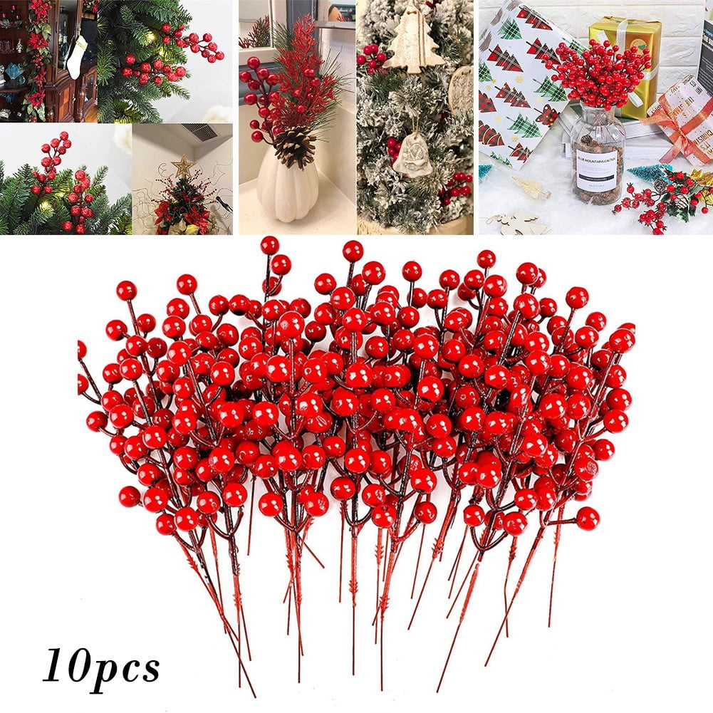 Yannee 10 Pcs Red Berry Artificia Flowers,Red Berry Stems Plastic