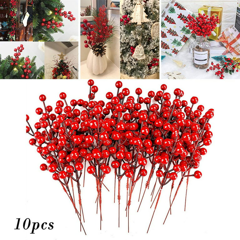 Yannee 10 Pcs Red Berry Artificia Flowers,Red Berry Stems Plastic  Artificial Flowers Fruit Fake Silk Flowers Decora Craft Holiday Decor 