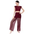 thumbnail image 2 of IBTOM CASTLE Women Two Piece Lyrical Dance Outfit Criss Cross Crop Tops + Mesh Tulle Wide Leg Pants Modern Contemporary Dancewear XL Wine Red, 2 of 8