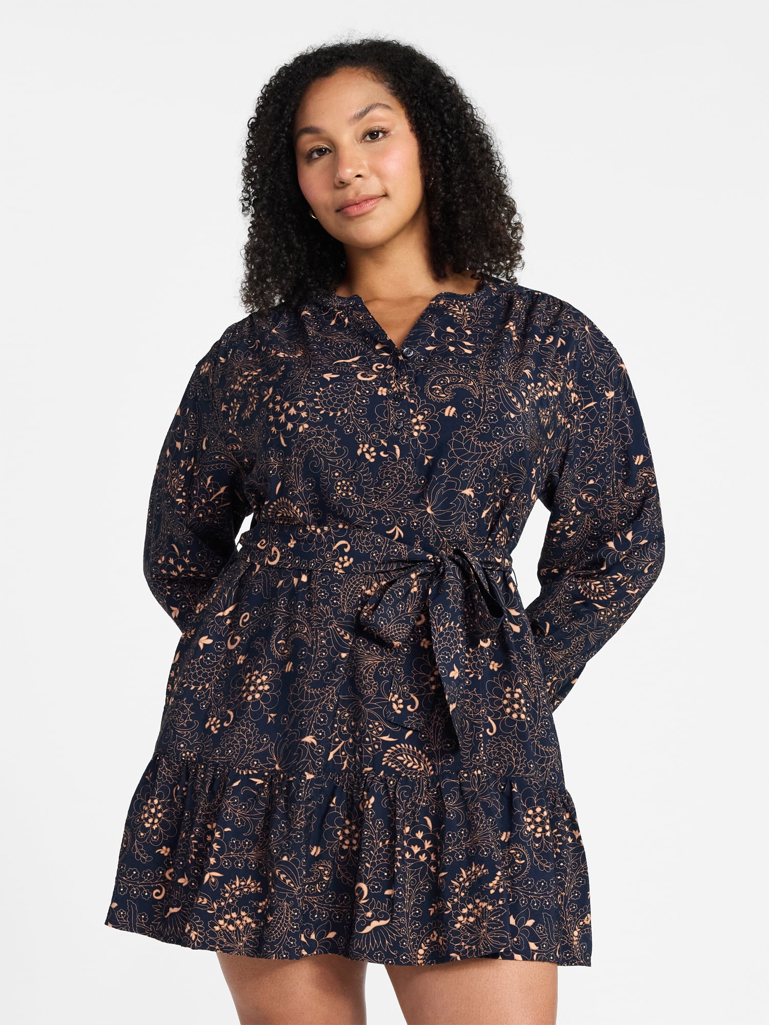 Time and Tru Women's Tiered Mini Dress with Long Sleeves, Sizes XS-XXXL