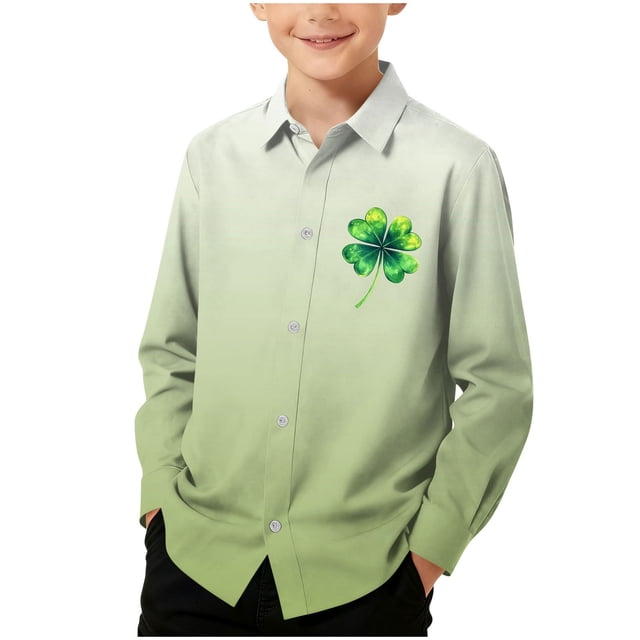 RXMEKW Chemise à Manches Longues Imprimée pour la Saint-Patrick pour Garçons avec Col Rabattu, 95 % Coton 5 % Spandex, Vert