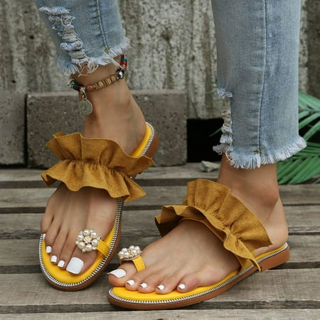 

Sandals for Women Aoujea Holiday Savings Pearl Toe Flat Bottomed Women s Shoes With Ruffled Edges And Casual Slippers Yellow 4.5 on Clerance
