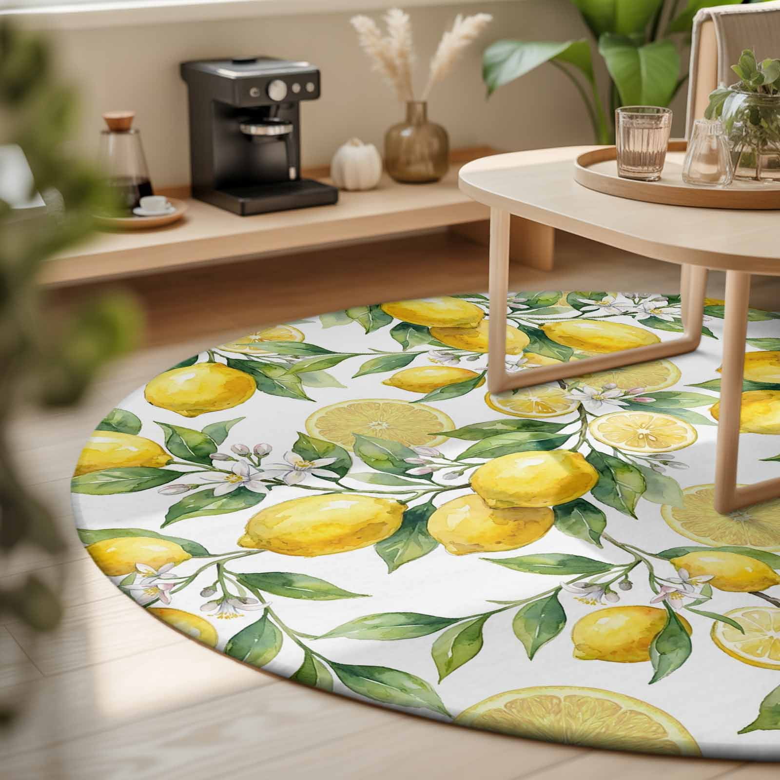 Round Area Rugs 7Ft, Lemon Non-Slip Washable Circle Rugs Carpet, Yellow Fruits Summer Watercolor Botanical Leaf Plant Indoor Outdoor Rug Floor Mats Throw Runner for Bedroom Living Room Bathroom