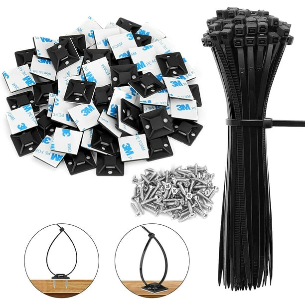 4/5" Zip Tie Mounts with 7.8" Cable Ties and 304 Stainless Steel Screws, Back Self-Adhesive Clips for Wire and Cord Management, Black Squares Cable Wall Anchors, Zip Tie Holders Indoor Or Outdoor