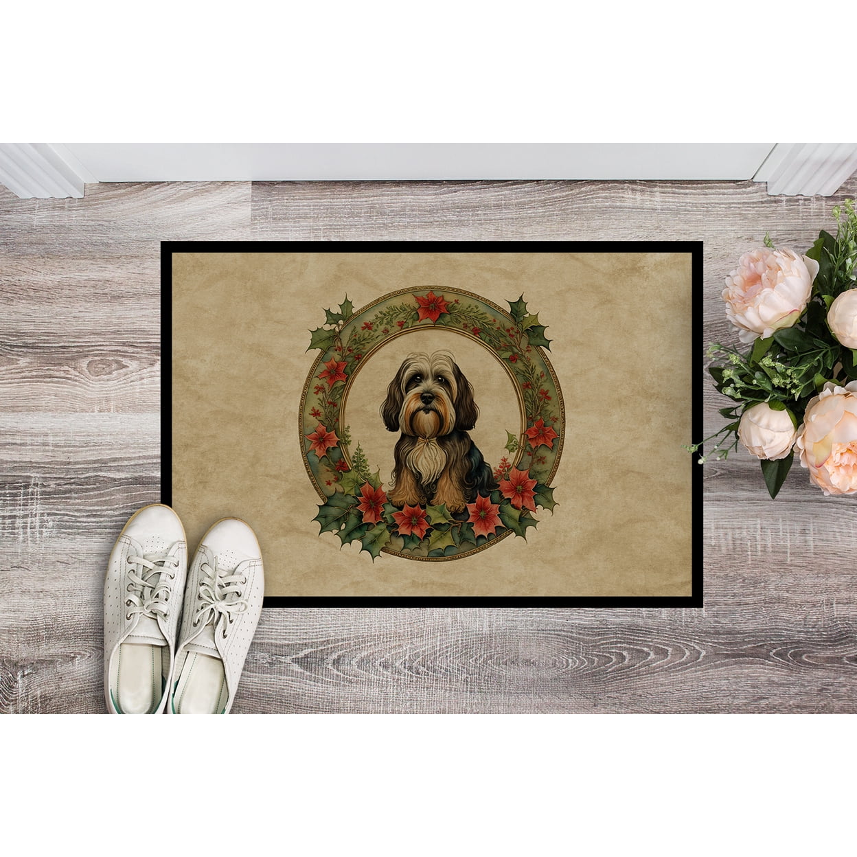Carolines Treasures DAC2439MAT 18 x 27 in. Unisex Tibetan Terrier Christmas Flowers Doormat