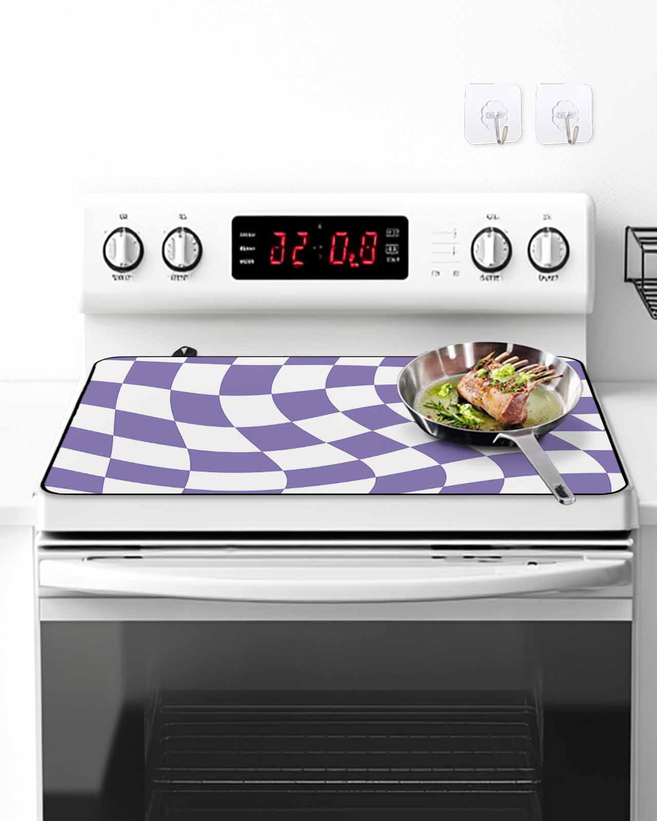Stove Top Covers for Electric Stove, Purple White Checkered Glass Stovetop Cover Protector, Modern Irregular Geometric Induction Cooktop Protector Oven Mat for Kitchen Countertop 24"x21"