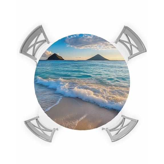 nqOlkjepod Ocean Round Tablecloth, Fitted Table Cover with Elastic for 55"-60" Round Tables, Blue Sky Mountain Sandy Beach Sea Scenery Table Cloth Outdoor Indoor Dinning Party Waterproof Tablecloths