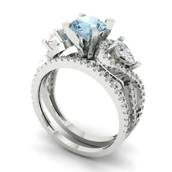 Clara Pucci 18K White Gold 1.925 Natural Swiss Blue Topaz Engraveable Engagement Ring Wedding Band Set