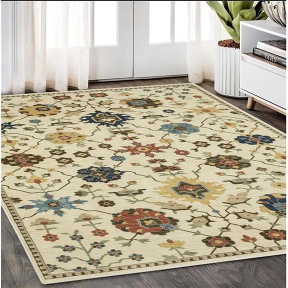 HomeRoots 574582 5 x 8 ft. Oriental Rectangle Area Rug with Fringe, Ivory & Gold