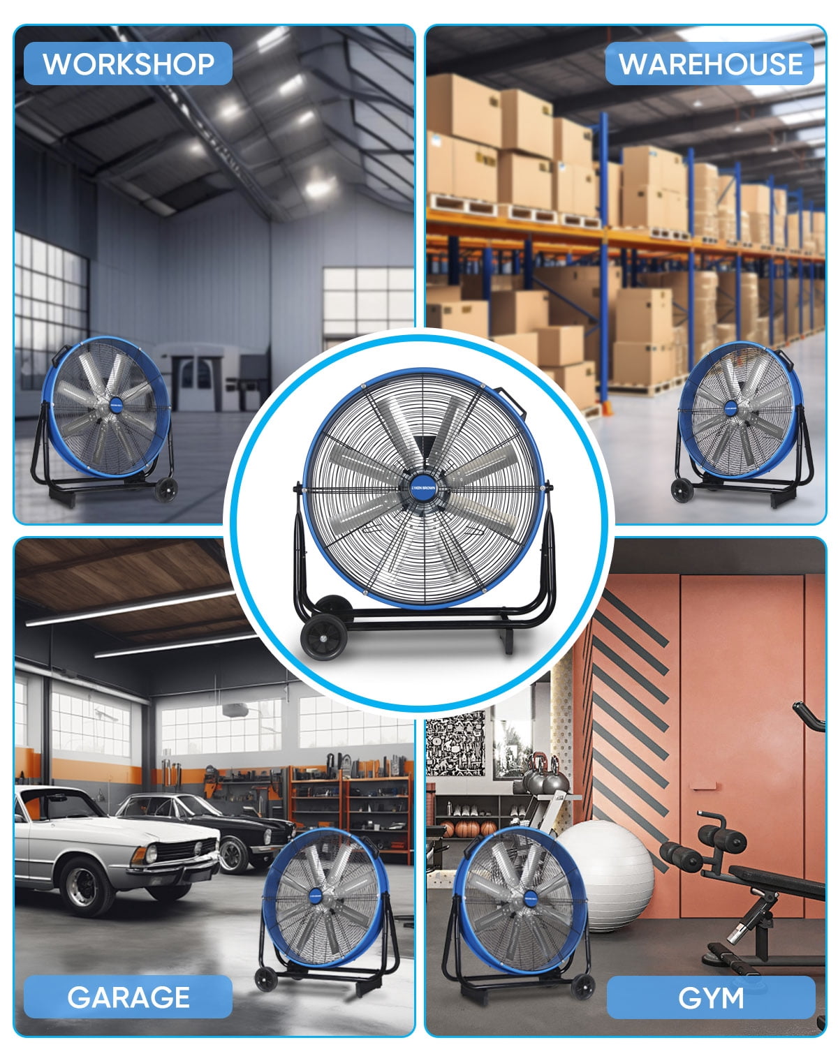 KEN BROWN 24 Inch Industrial Drum Fan, 9500 CFM, 3-Speed, 360° Tilt, Heavy Duty High Velocity for Shop Gym Garage Commercial Use, Blue