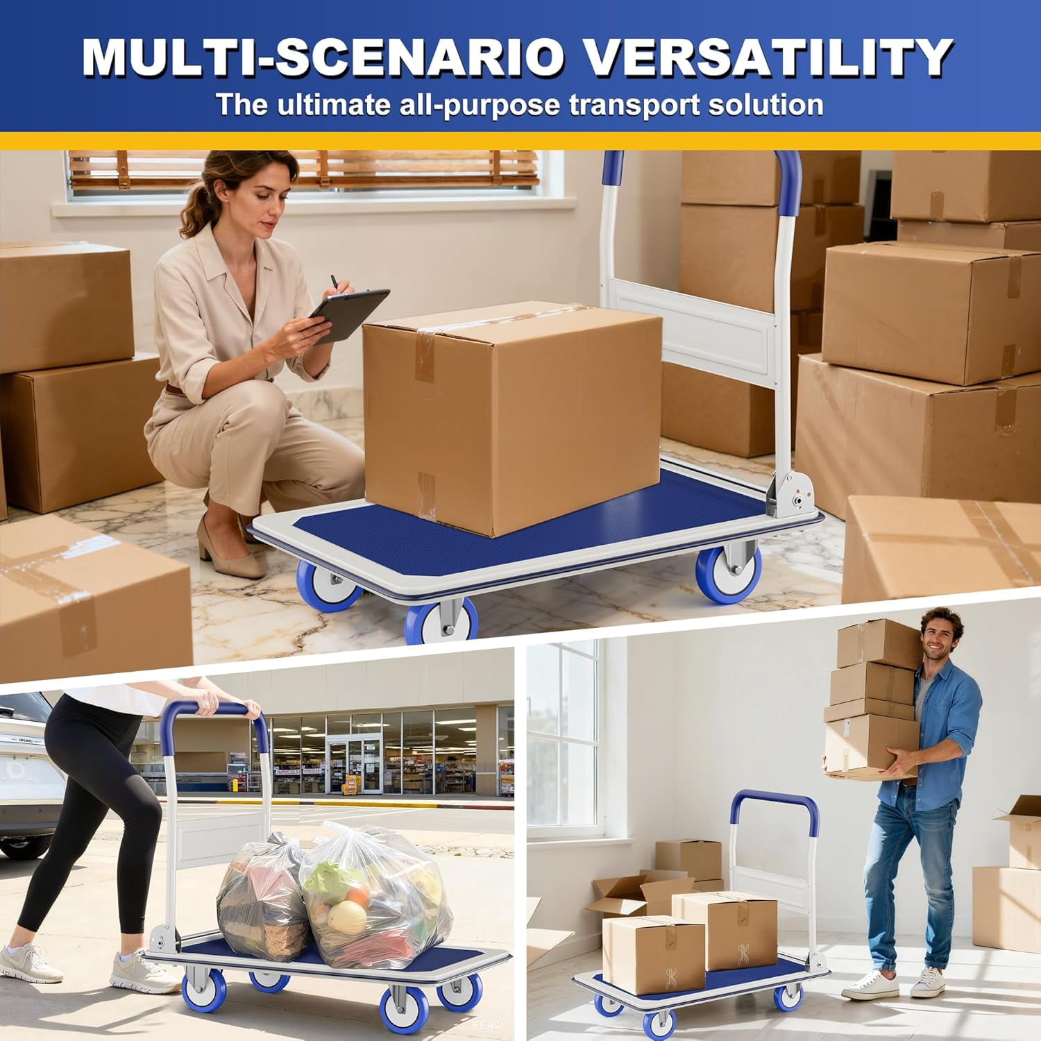 Foldable Push Cart Dolly | 660 lbs. Capacity | Heavy Duty Moving Platform Hand Truck with Swivel Wheels | Small Flatbed Cart | Space Saving Push Handle-b6