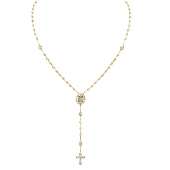 Wellingsale 14k Yellow Gold Polished 3mm Beaded CZ Cubic Zirconia Rosary Necklace - 18"