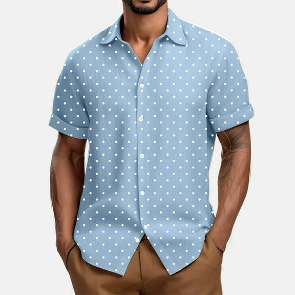 Dianli Gifts Summer Beach Casual Men's Short Sleeve Vintage Bowling Button-Up Cuba Camp Shirt Polka Dot Solid-Lapel Printed Buttons Breathable Cotton-Blend Resort Wear Summer Beach