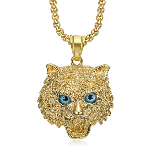 NEGS 18K Gold Plated Lynx Canadensis Cat Pendant 24'' Chain Hip Hop Punk Rock Stainless Steel Necklace for Men Women
