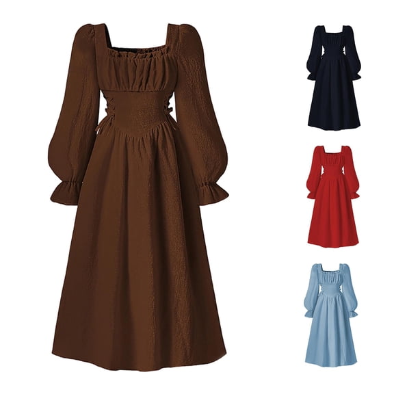 Yuhangmm Girls Summer Dress, French Square Neck Girls Party Dress With Puff Sleeves Elegant Waist Defining Flared Gown For Autumn Fall Dress for Kids Brown 10-11 Years