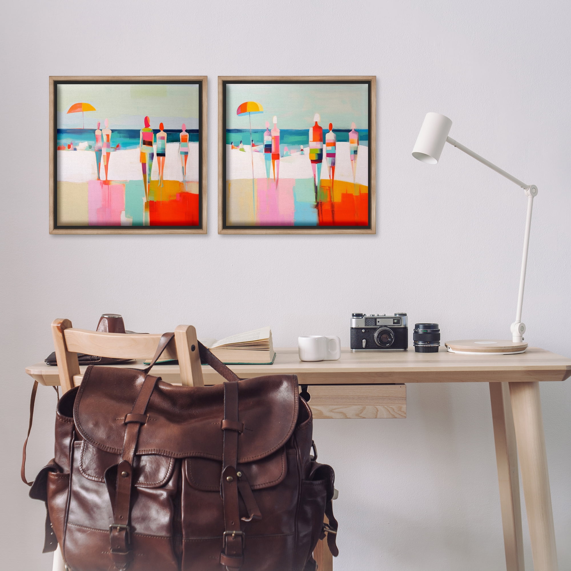 Stupell Industries Abstract Beach Goers People Painting Brown Floater Framed Canvas Art Print Wall Art, 18 x 18, Set of 2