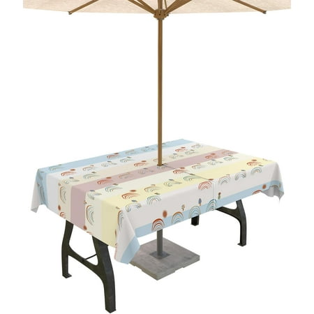 

Outdoor Tablecloth with Umbrella Hole Rectangle 60x120inch Rainbow Red Lines Spillproof Fabric Outdoor Tablecloths Pink Teal Stripes Picnic/Patio Zipper Table Covers