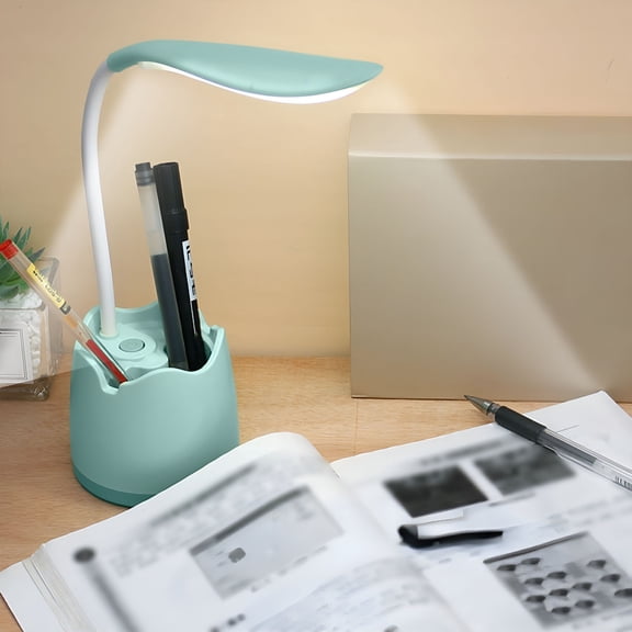 HIBIBUD 2026 New Desk Lamp for Home Office Dorm,Desk Light with Pen Phone Holder,3 Dimming Modes Flexible Gooseneck,Usb Rechargeable,Eye-Caring Small Desk Lamps for Bedroom Reading,Blue