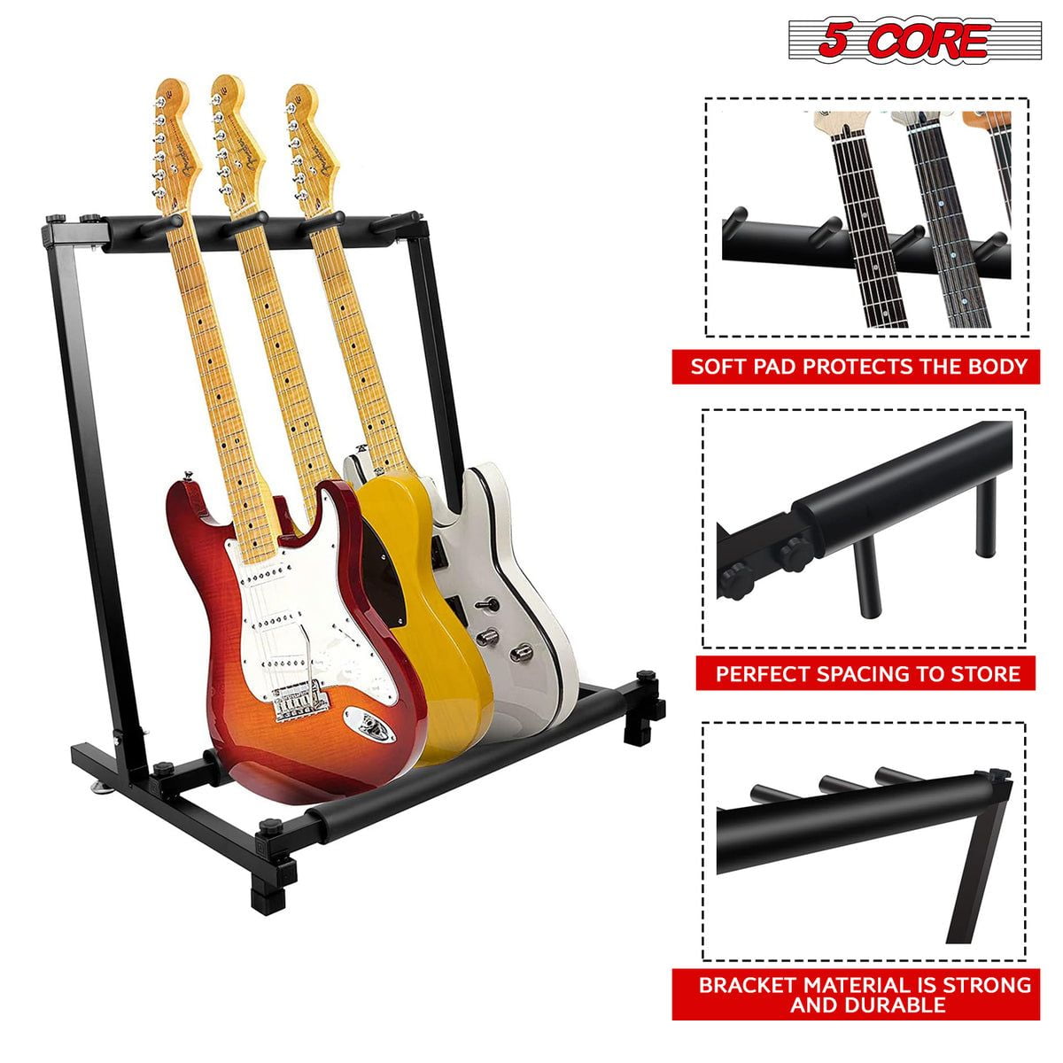 Guitar Rack 3 Slot Multi Guitar Stand Triple Display Floor Stand Safe Storage Foldable Portable for Electric Acoustic Flying V Guitars - GRack 3N1