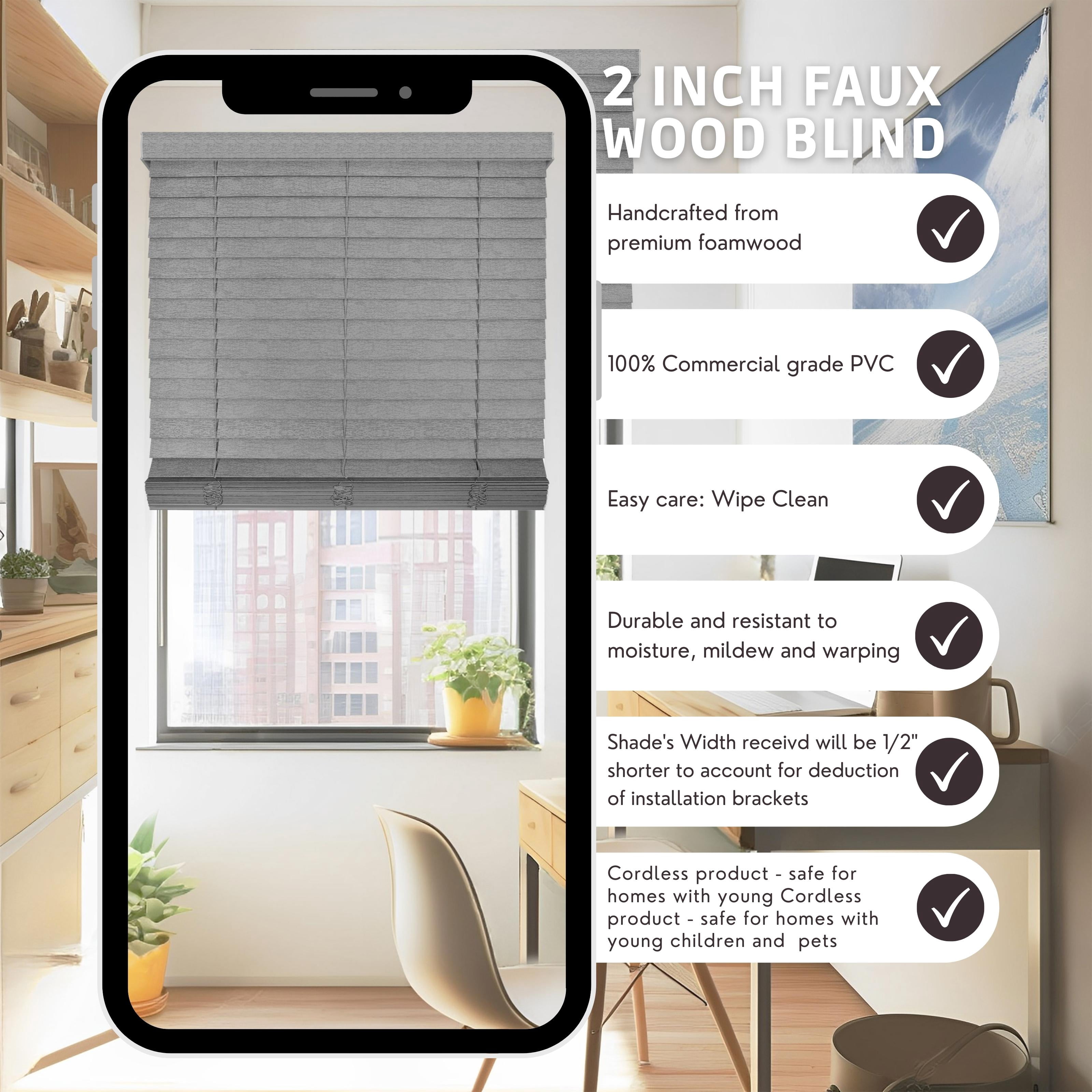 Chicology Cordless Faux Wood Blinds, Gray Textured (2" Slat), 30.25"W X 72"H