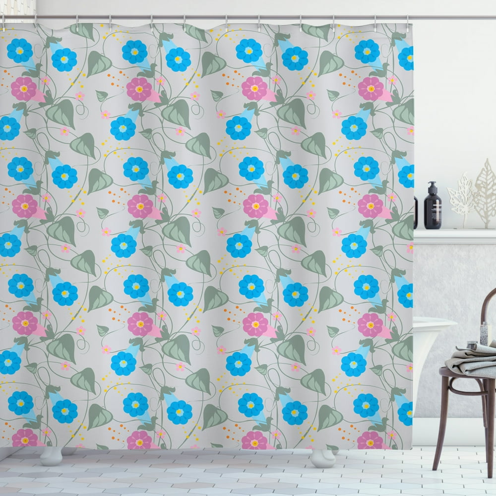 Floral Shower Curtain, Romantic Morning Glory Inspired Bindweed Flowers of Climbing Plant Garden