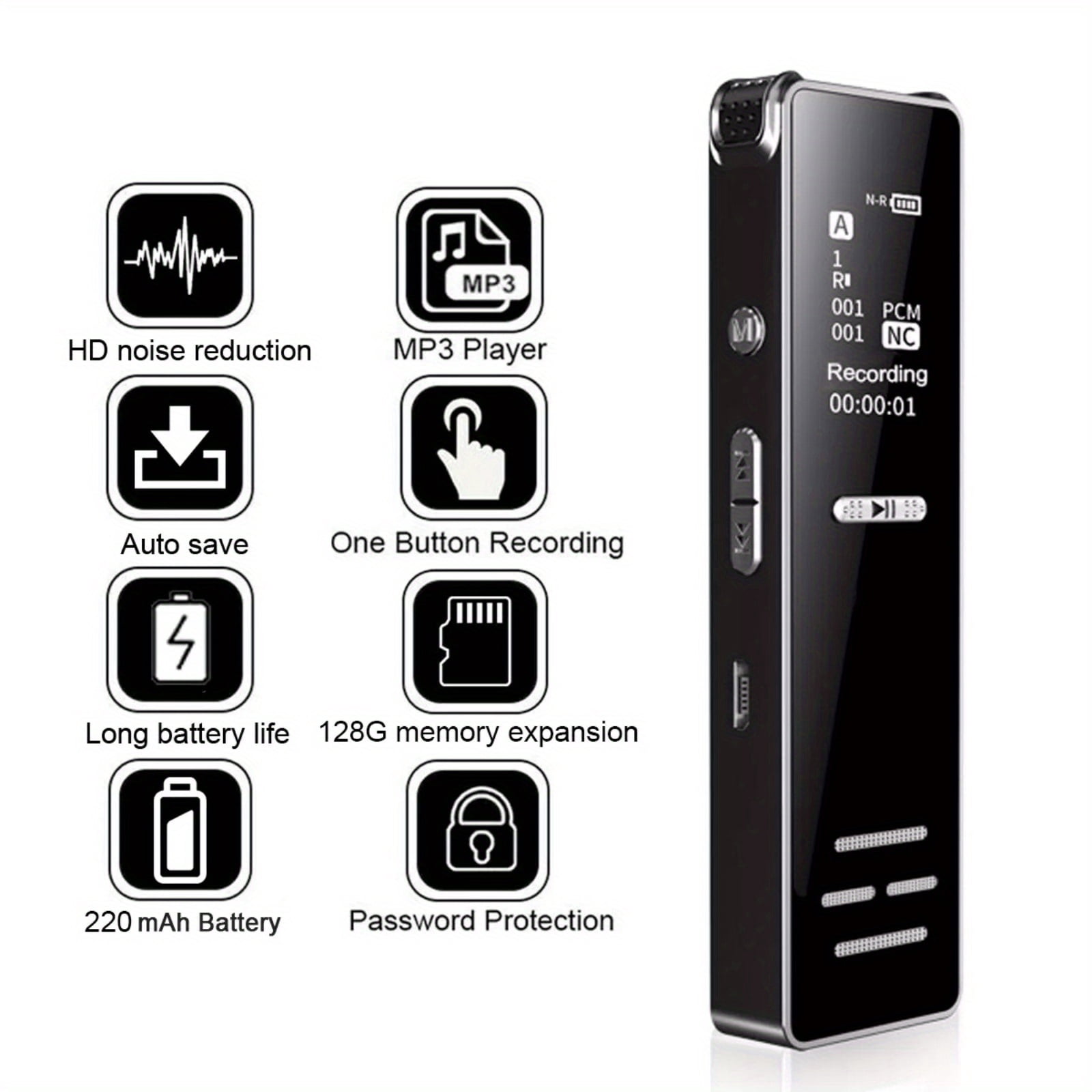Compact 128GB Voice Recorder - OLED Screen HD Voice Activated Audio Device