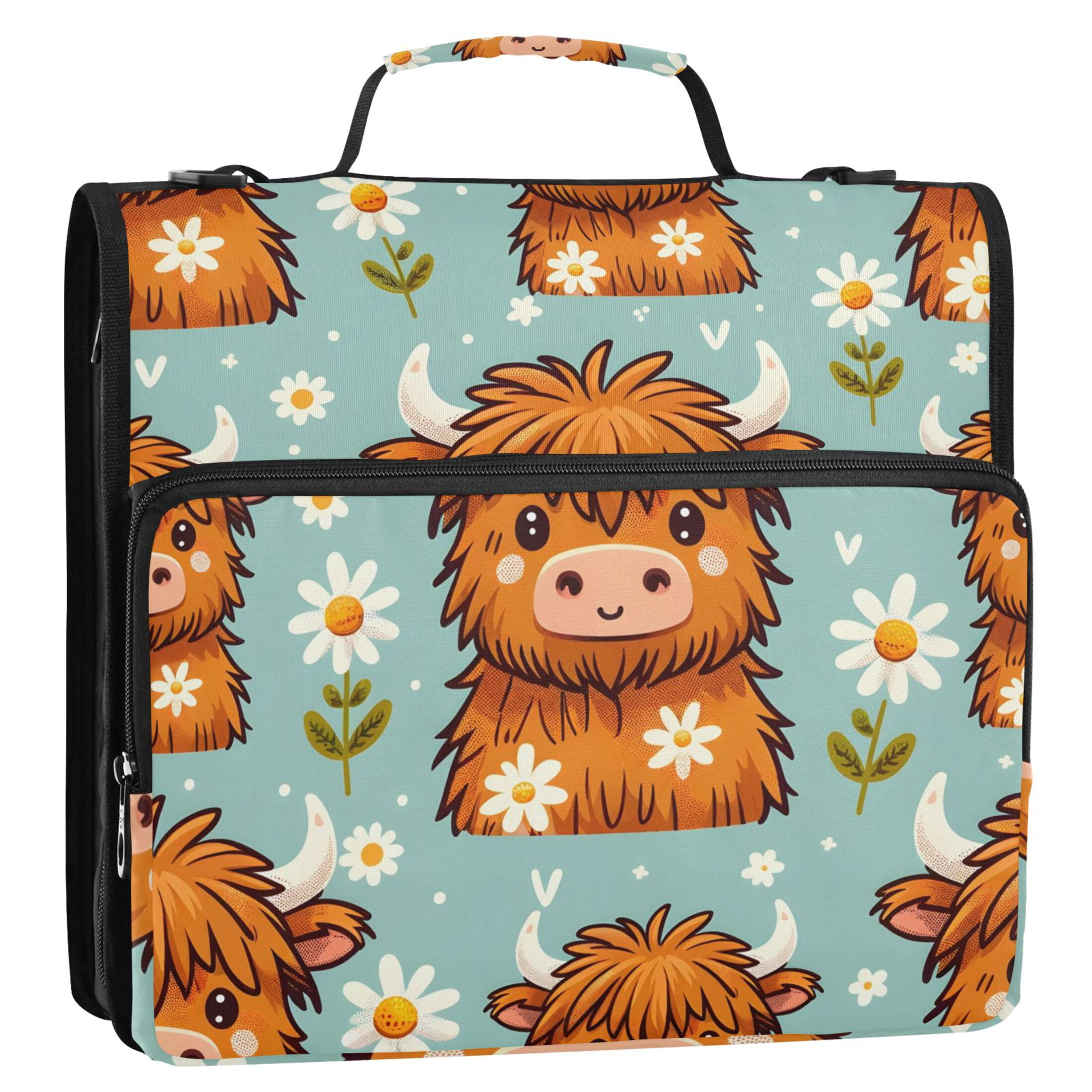 ALAZA Zipper Binder Cute Cow with Daisy 3 Ring Trapper Keeper File Folder Organizer Bag
