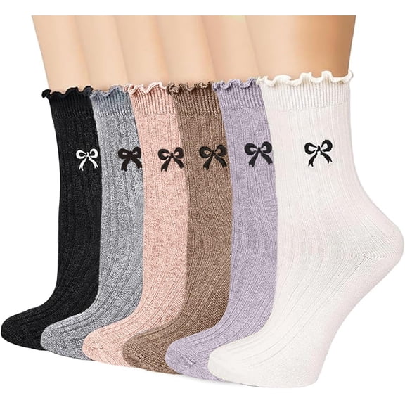6 Pairs Womens Bow Socks, Cotton Breathable Ankle Ruffle Crew Socks (Sizes 5-9)