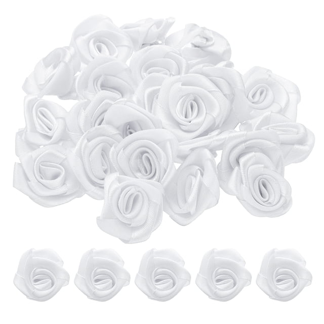 Uxcell 50pcs 3cm rosas de cinta para manualidades flores de tela artificiales, blancas
