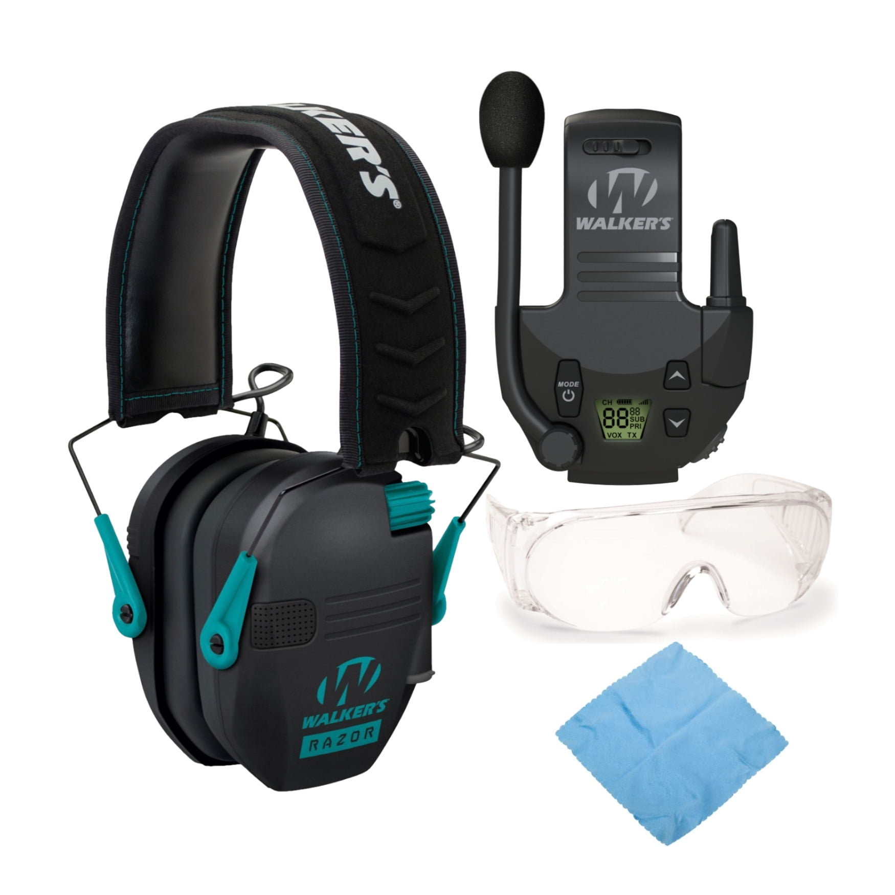 Walkers Razor Shooting Muff (Black/Teal) with Walkie Talkie, Glasses