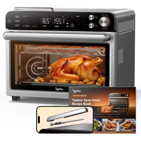 Sync Oven with Smart Wireless Meat Thermometer Probe, 12‑in‑1 Countertop Air Fryer Toaster Oven Combo, 360° Turbo Convection, Dehydrator, Recipes & 5 Accessories, Large 27QT, Metal Grey