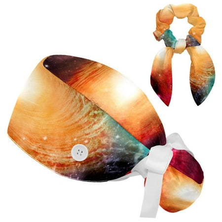 

Working Cap with Buttons and Sweatband Scrub Hat Bouffant Caps with Scrunchie Galaxy Tie Back Hats