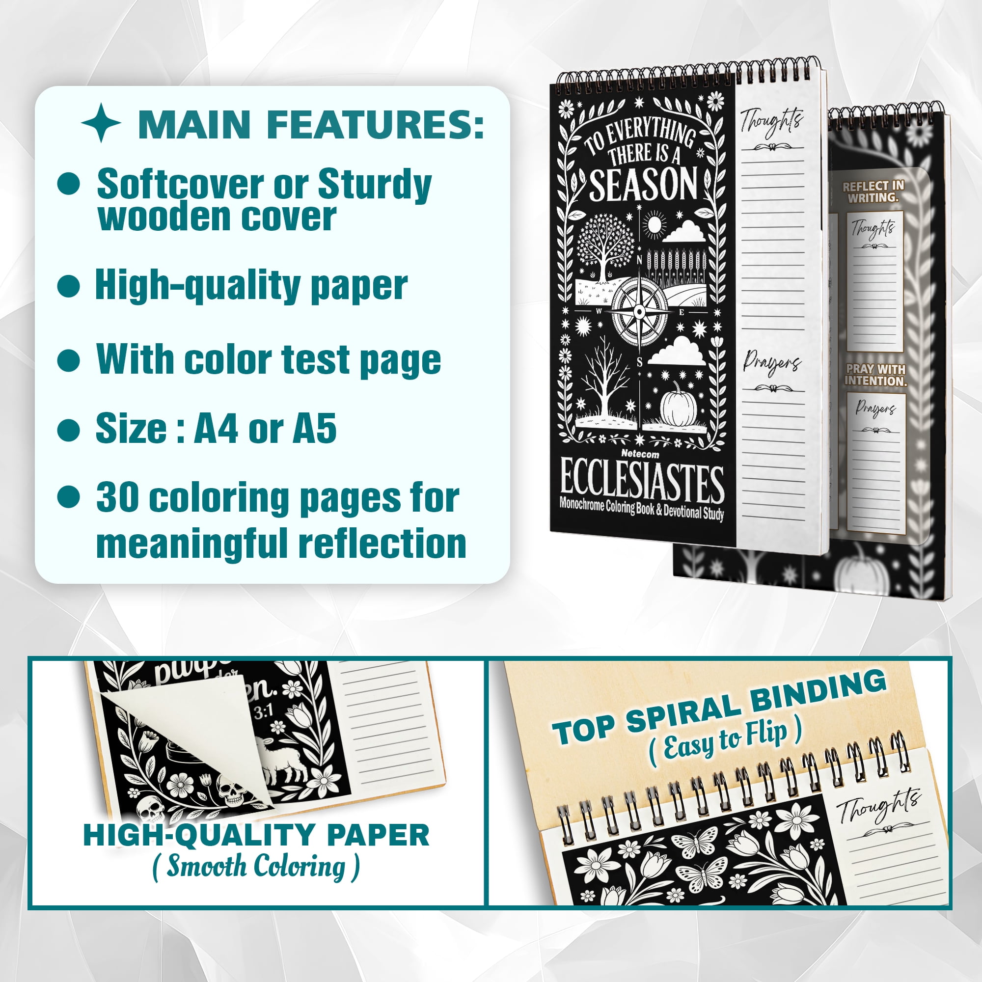 Ecclesiastes Monochrome Coloring Book for Adults, 30 Minimalist Scripture Art Pages with Reflection & Prayer Space, Spiral Bound, A4 or A5 Softcover or Wood Cover