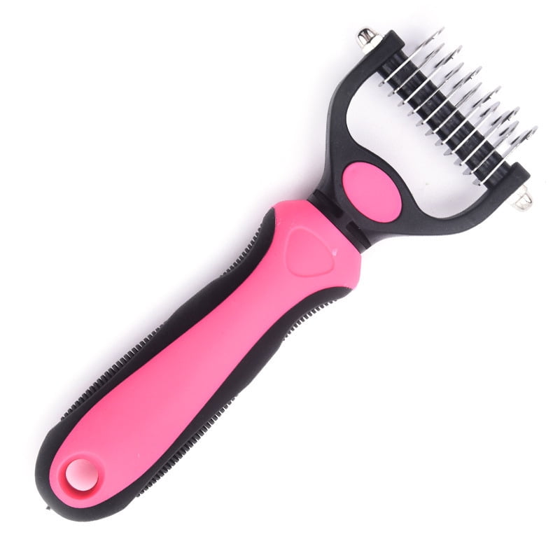 Dual Sided Pet Dematting Comb Stainless Steel Undercoat Rake with Non-Slip TPR Ergonomic Handle Detangling Grooming Brush for Dogs Cats Rabbits Blue Pink Available