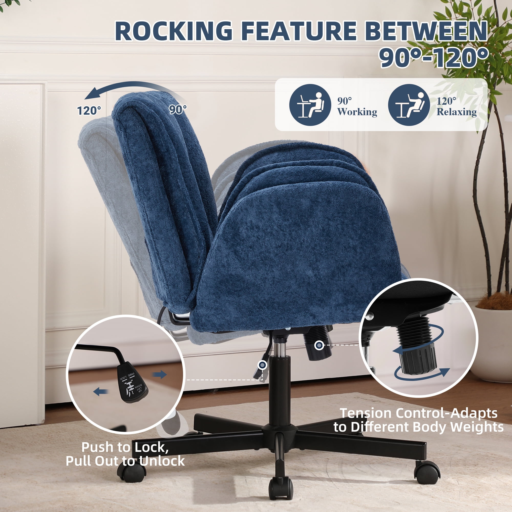 Cross Legged Office Chair with Wheels & Dynamic Airbag Lumbar Support, Criss Cross Wide Seat, 5-Position Fold-Down Armrests, Swivel Vanity Chair for Home Office, Blue