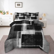 Homewish Minimalist Rectangle 3 Pieces Queen Comforter Set for Teens Female Men,Abstract Geometric Stripes Ultra Soft Bedding Sets,Black Grey Bedding Comforter Set Breathable,Ultra Soft Home Decor