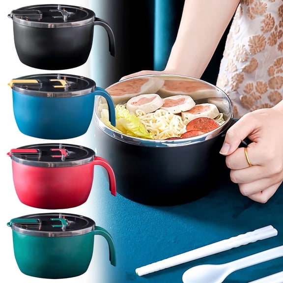 Ramen Bowl, Double Wall Stainless Steel Rapid Ramen Cooker, Instant Noodles Bowl with Lid Handle Drains, BPA-Free Soup Bowl for College Dorm Room Office Home Kitchen Daily Meal Prep