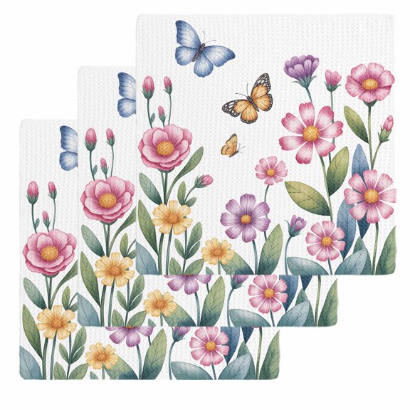 Pink Flowers Kitchen Dish Towels for Drying Dishes Set of 3, Spring Floral Butterfly Leaves Plants Pastoral Waffle Weave Microfiber Hand Tea Bathroom Towels Quick Dry & Absorbent Towel 12x12