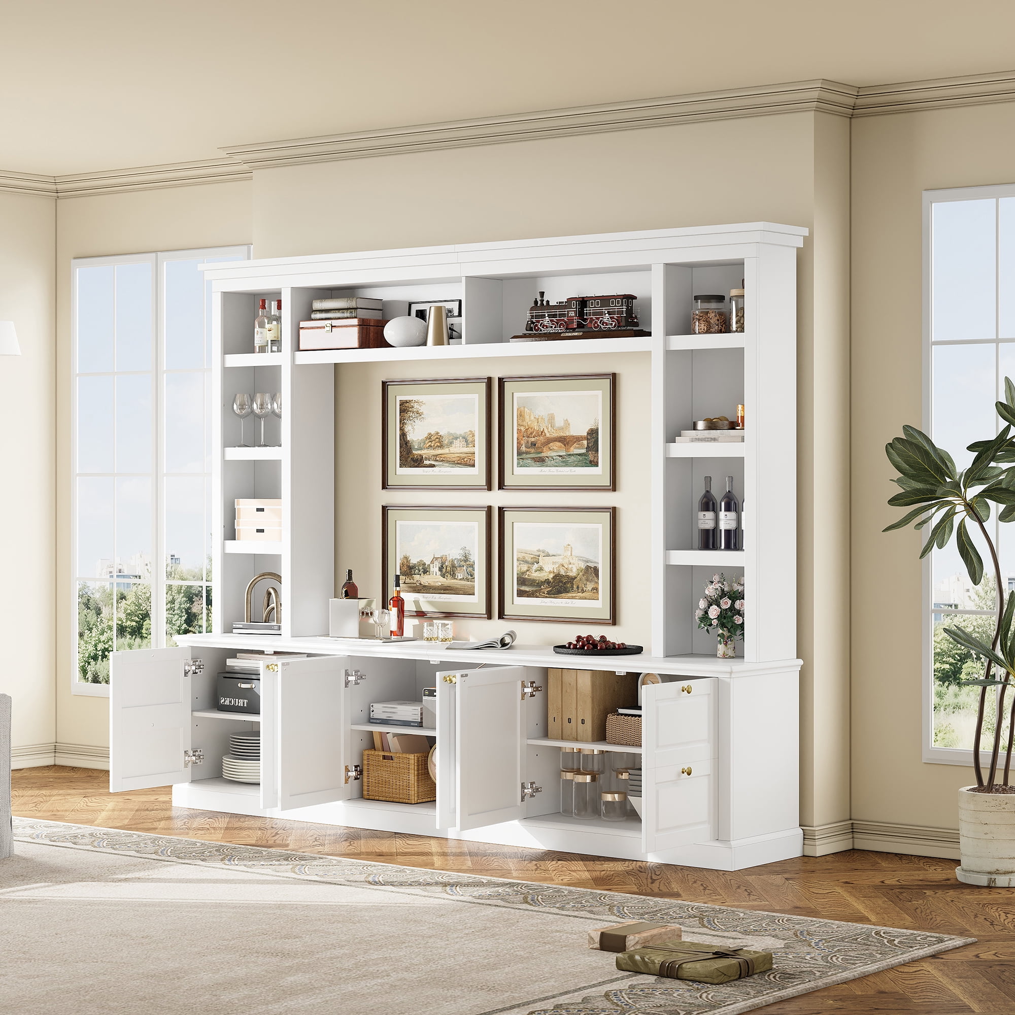 Euroco Modern TV Stand with Bookcase for TVs up to 70 inch, Entertainment Center with 3 Adjustable Shelves, for Living Room, Display Storage Cabinet, Ample Storage Space TV Stand