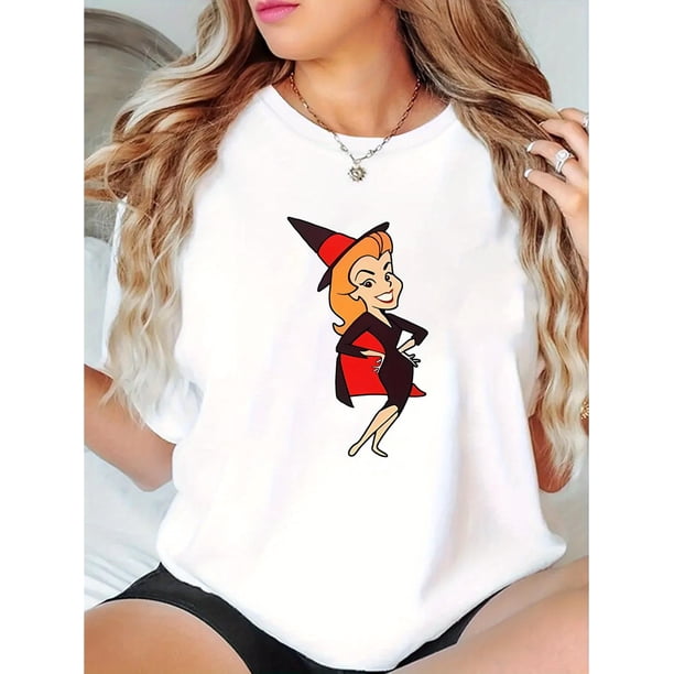 Camisetas De Manga Corta Para Mujer, Camisetas De Verano Para Deportes, Pesca, SenderismoWomen's Casual Crew Neck T-Shirt with Smiling Witch Graphic, Polyester 95% Spandex 5% Knit Fabric, Medium Str
