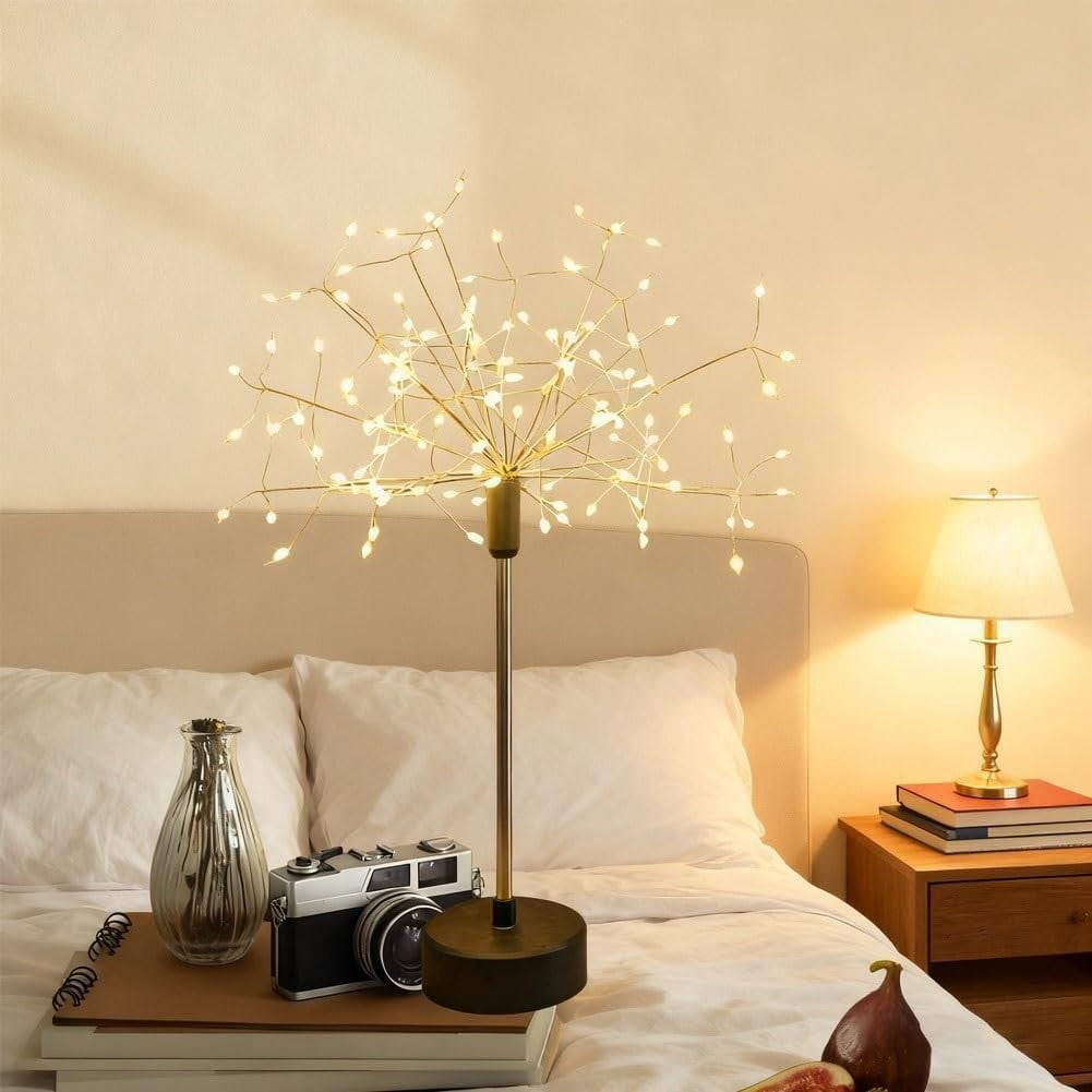 Mini Table Firework Lights, 100LED Dandelion Table Lamp with Warm Starburst Fairy Lights, Battery Operated Fireworks Table Light for Christmas Party, Bedroom, Home Décor, Holiday Table Centerpiece