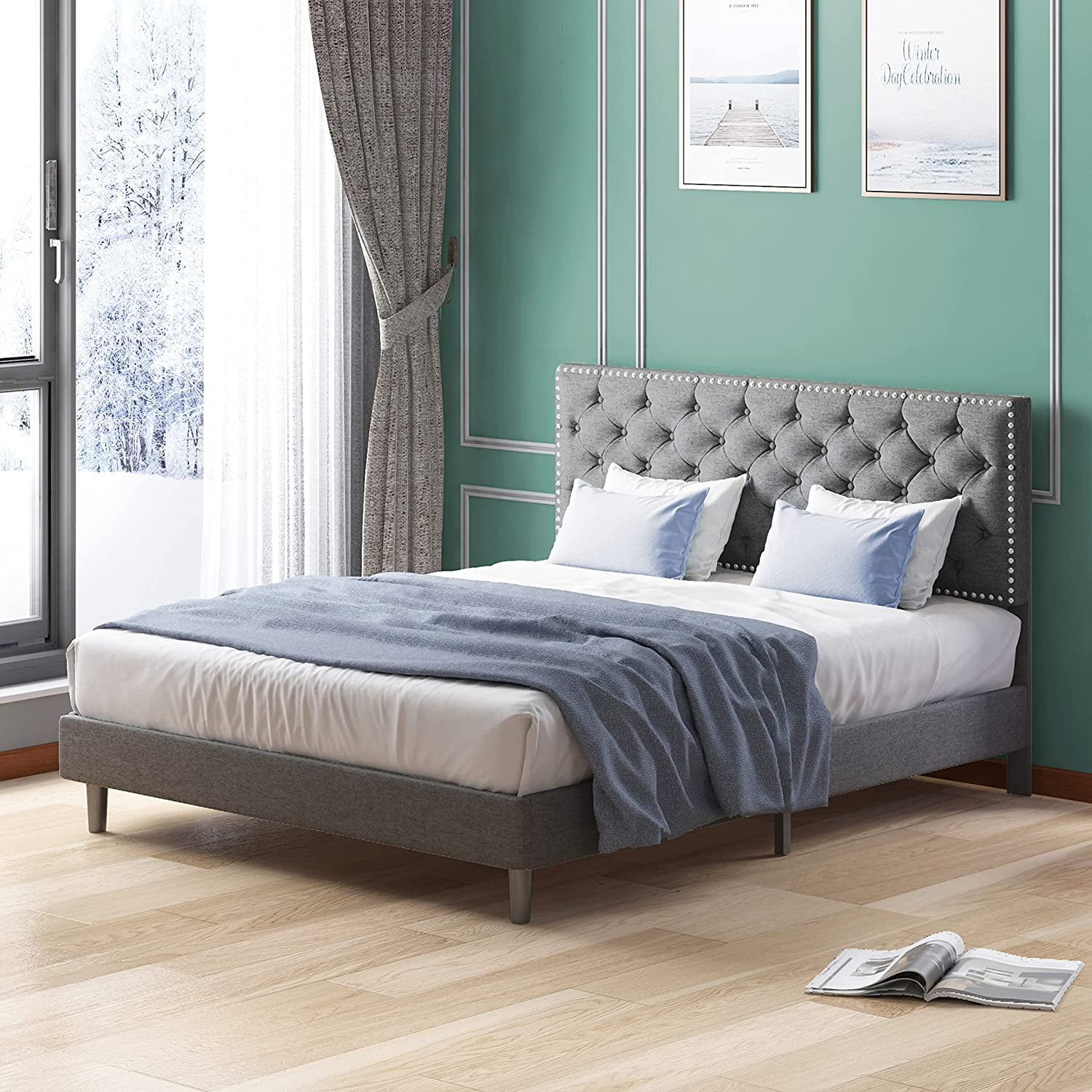 MUZZ Full Size Platform Bed Frame With Luxury Headboard Upholstered 
