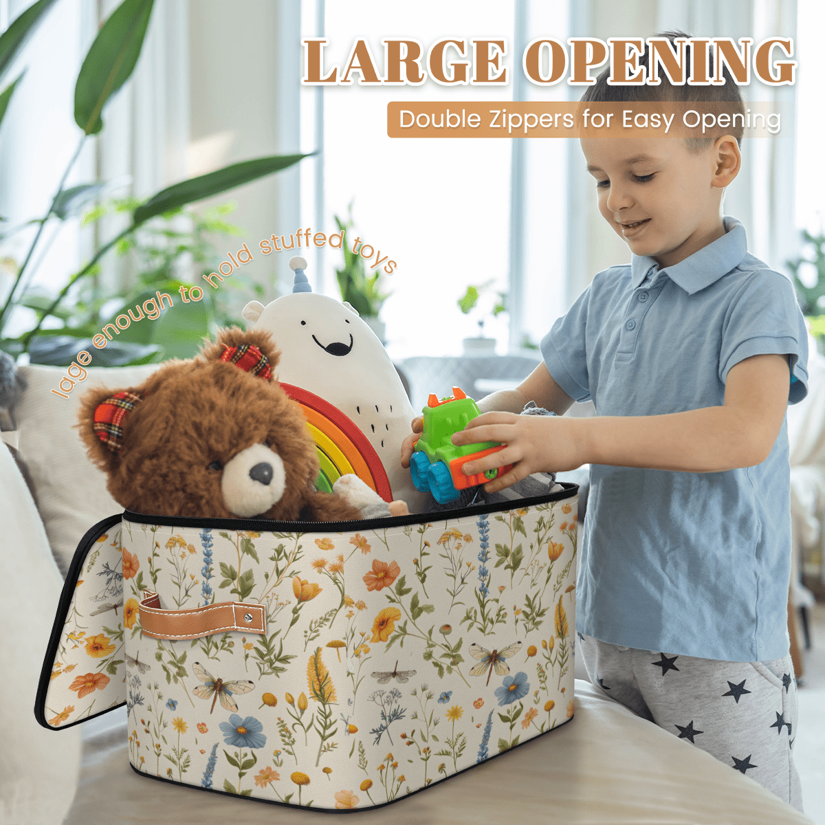 CURLYOOT Watercolor Floral Dragonfly Storage Bin with Zipper Lid, Fabric Decorative Lidded Storage Baskets Boxes, Foldable Organizer Container Basket for Bedroom Closet Shelf