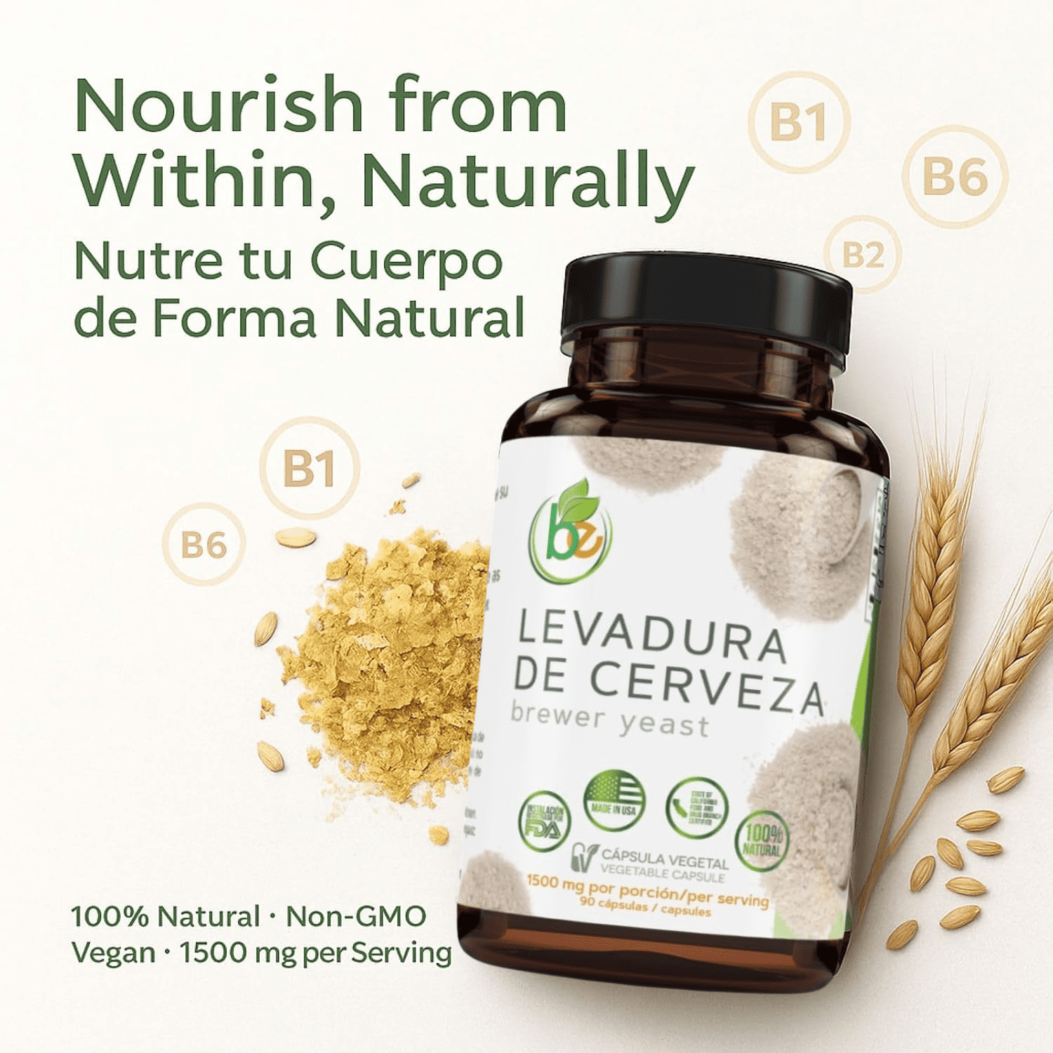 Levadura De Cerveza (Brewer’s Yeast Capsules) – 1500 mg Per Serving, 90 Veggie Caps – 100% Natural, Made in USA – Nutrient-Rich Superfood for Digestive & Immune Support | Dietary Supplement