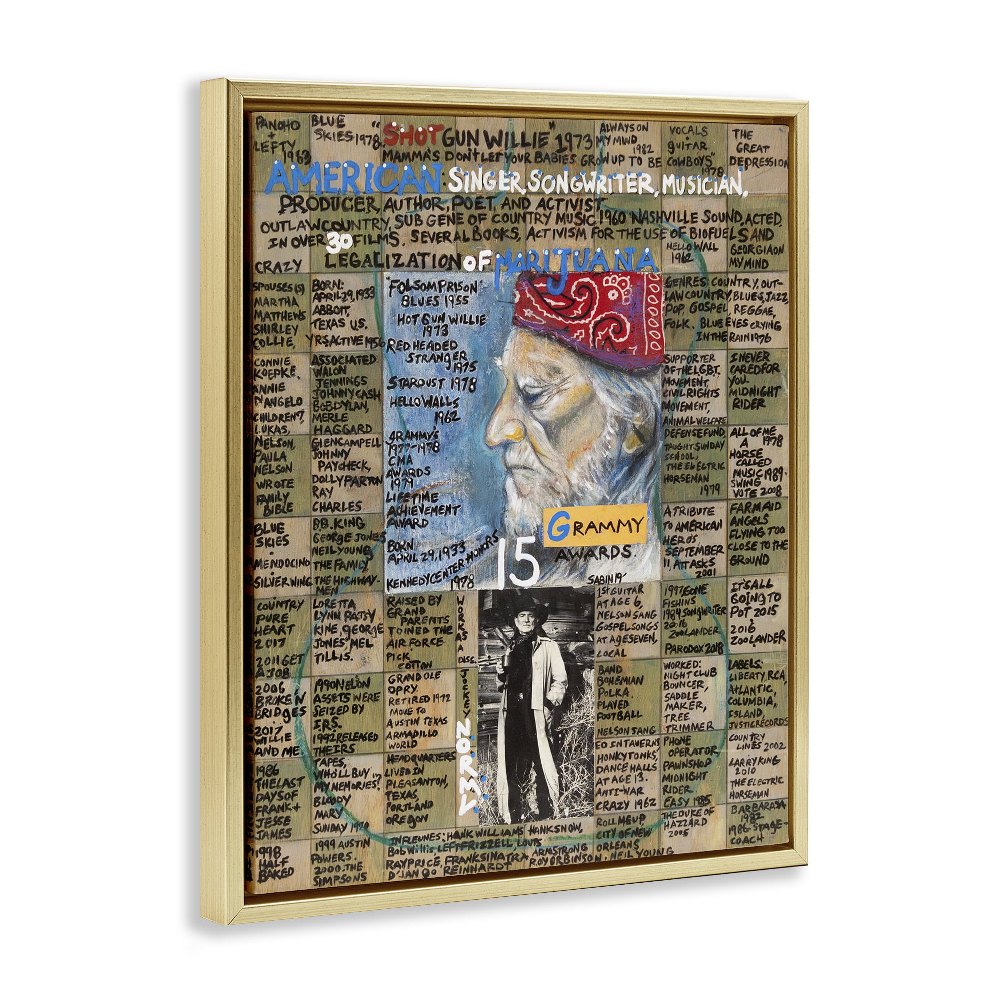 Stupell Industries Willie Nelson Collage People Drawing Gold Floater Framed Canvas Art Print Wall Art, 25 x 31
