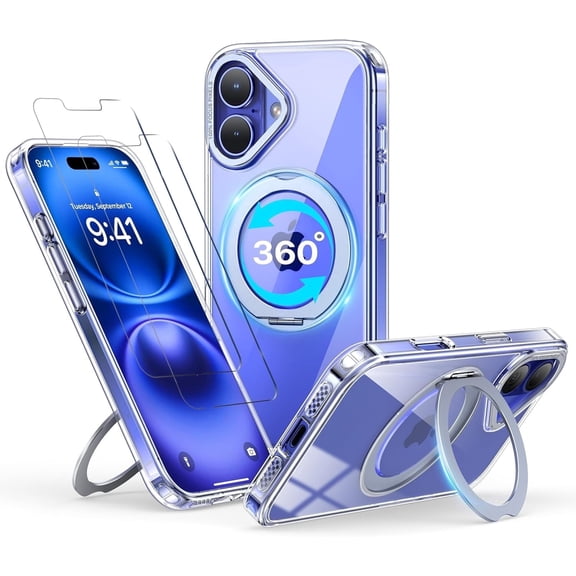 for iPhone 16 Plus Case,360°Rotatable Magnetic Stand Compatible with MagSafe,2 PCS Screen Protector,Military Shockproof Anti-Yellow Slim Cover For iPhone 16 Plus 6.9"(Clear)