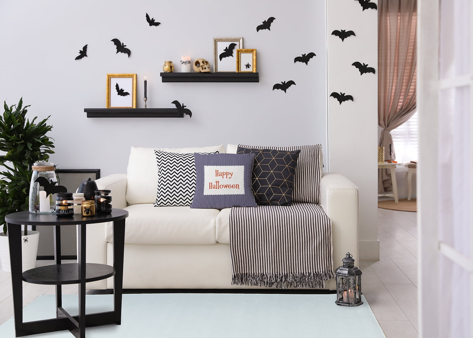 20"x20" Simply Daisy Halloween Happy Halloween Ticking Poly Accent Pillow, Navy Qty 1, All Ages